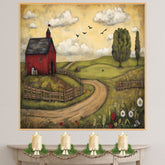 Country Farm Folk Art Print Featuring Red Barn and Rolling Hills Hand Drawn Rustic Landscape Illustration for Cozy Home Wall Decor or Unique Gift Idea on Ready to Hang 1.5" Thick Canvas Wrap, Floating Framed Canvas, Flat Rolled Canvas